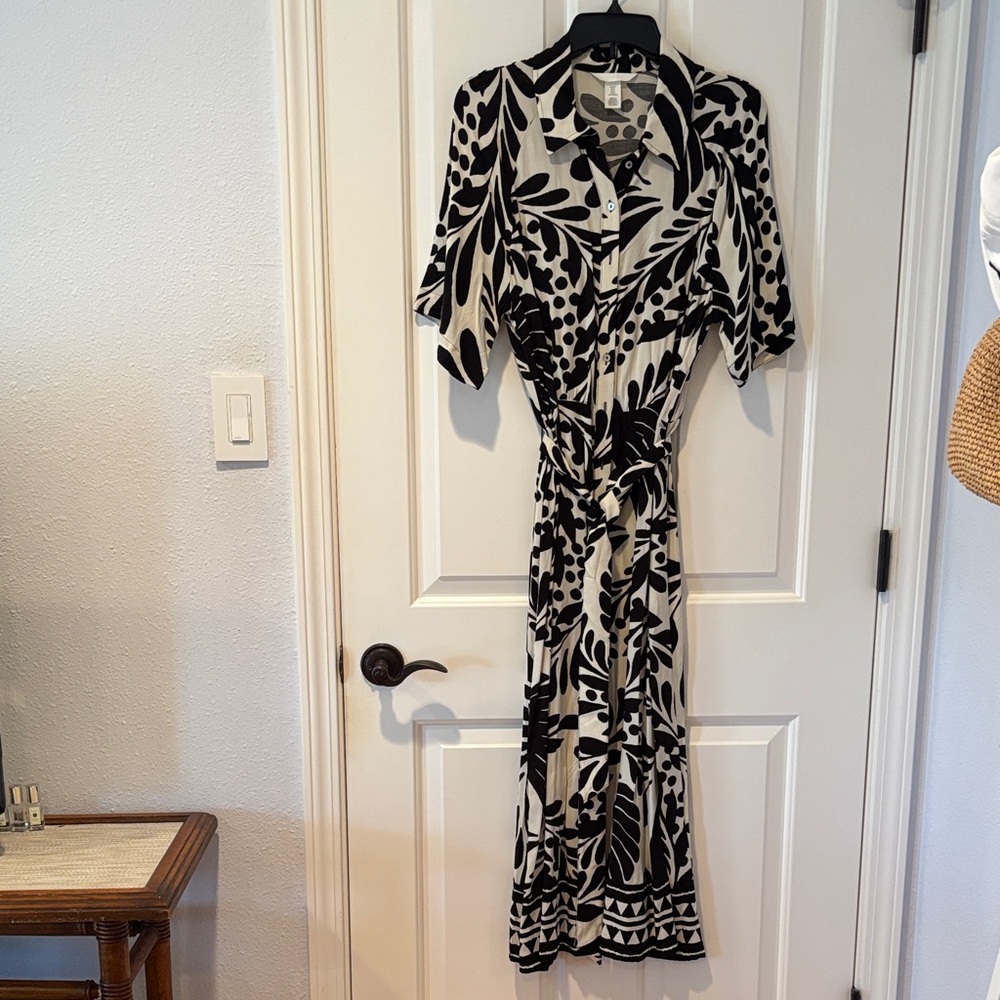 H&M Black & Cream Printed Shirt Dress with Tie Waist